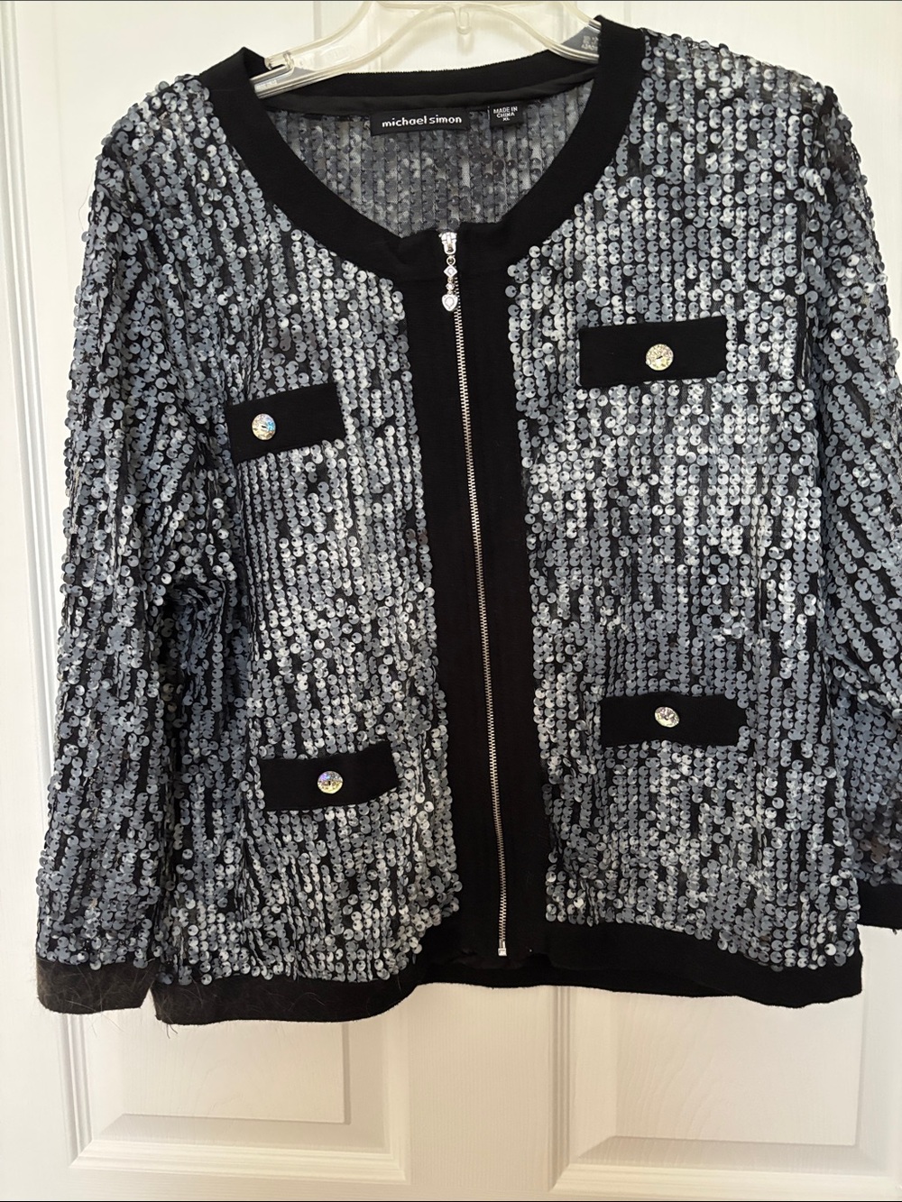 Michael Simon Silver Sequin Zip Jacket with Black Trim